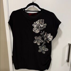 Elegant Black Top with Silver Sequin Floral Accents